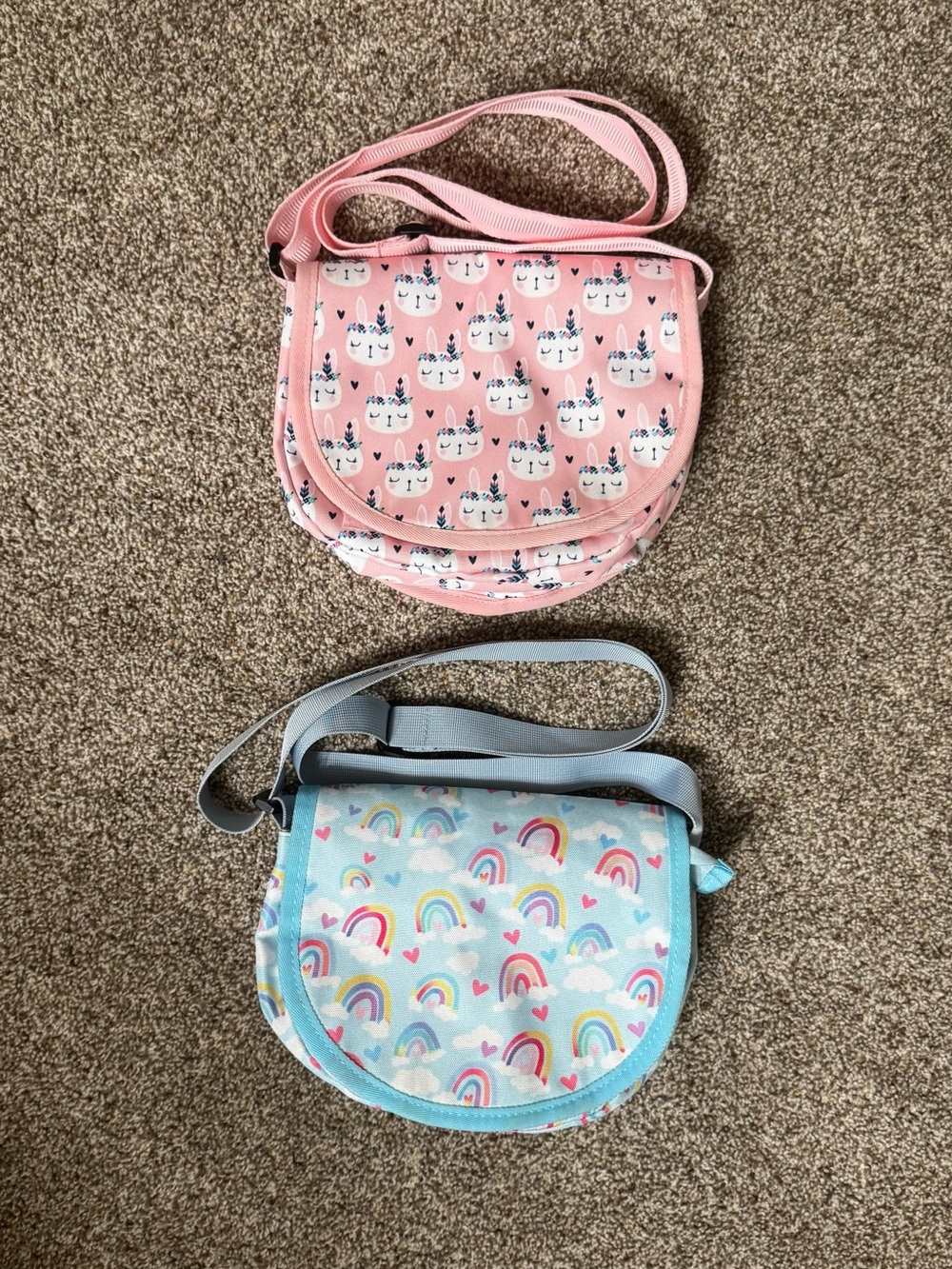 Set of 2 Girls Adjustable Cross Body Purses - Blue with Rainbows & Pink Bunnies